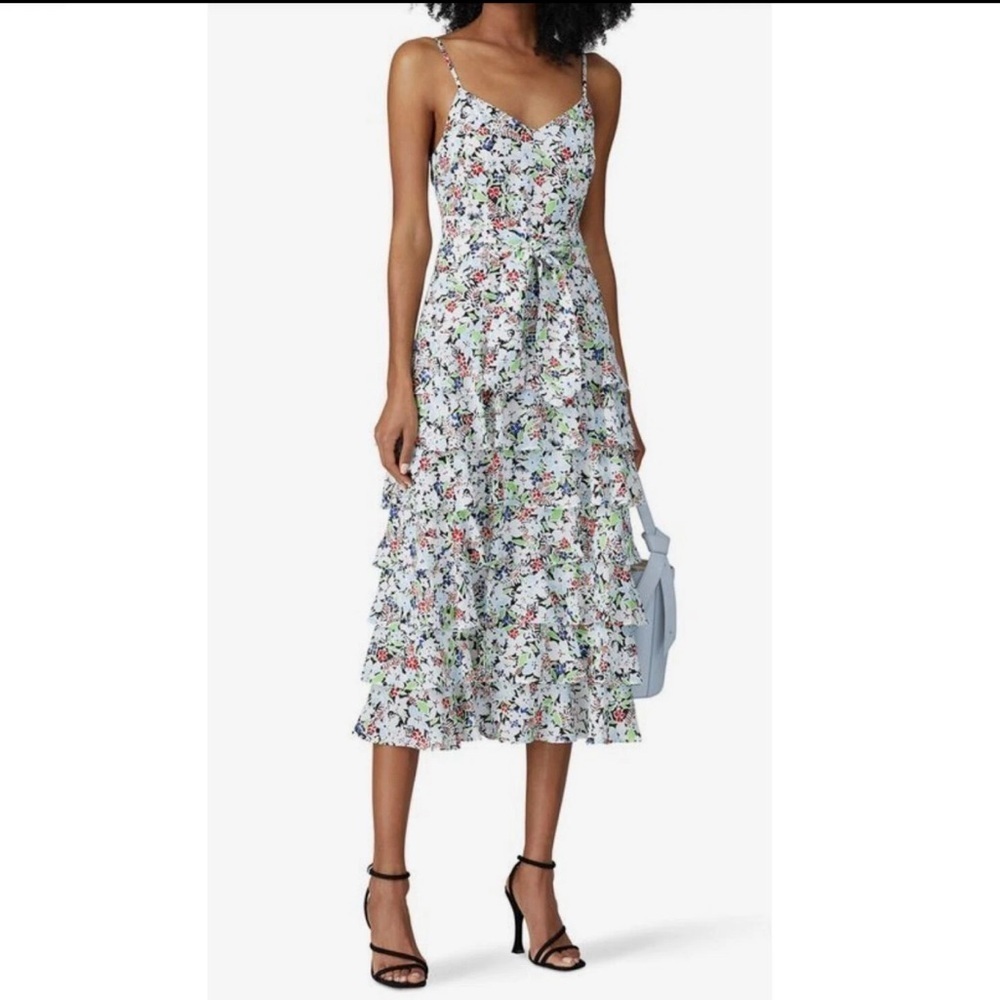 Likely Ariella Jungle Ruffle Tiered Floral Multicolor Strap midi Dress Size 2